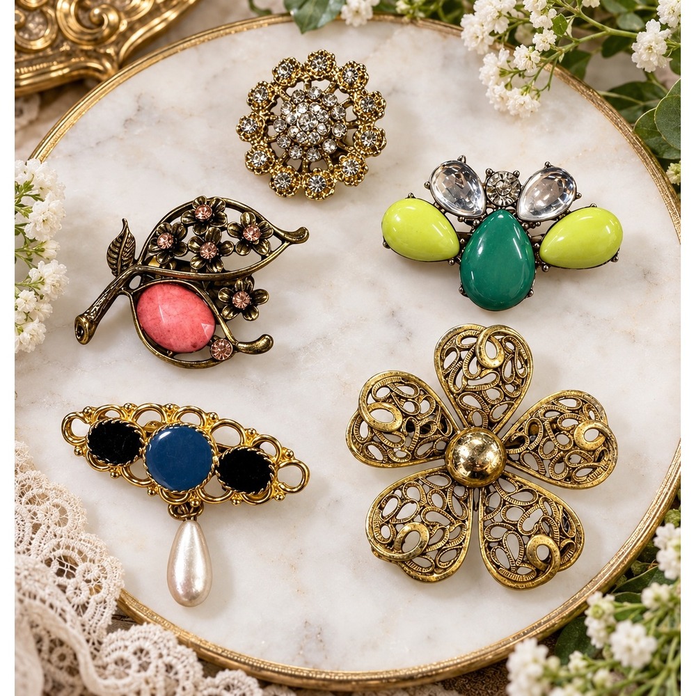Vintage Style Brooch Lot 5pc Gold Silver Tone Rhinestone Pearl Floral Cabochon